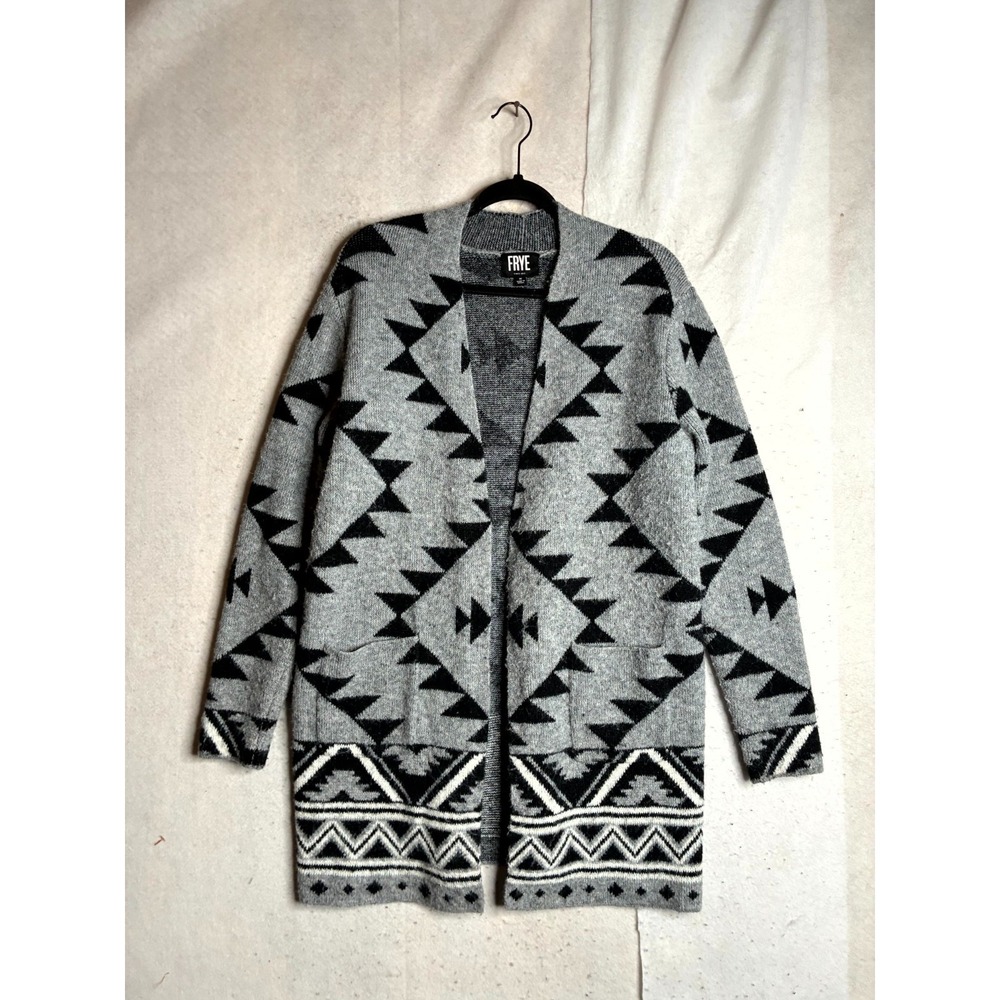 Frye Cardigan Women's M Gray Black Geometric Print Knit Long Sleeve Open Front